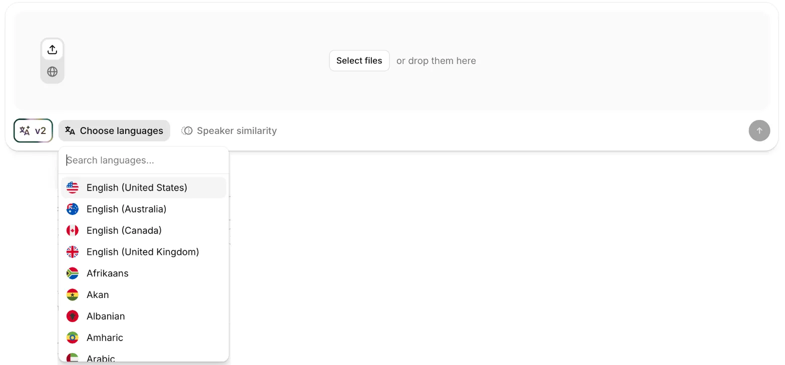 ElevenLabs new dub screen: file drop zone, Dubbing v2 model, target language list open and a speaker similarity option