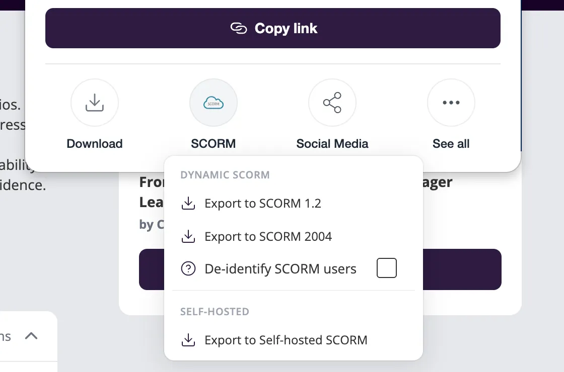 Coursebox Share menu showing dynamic SCORM 1.2 and 2004 exports alongside the self-hosted SCORM option