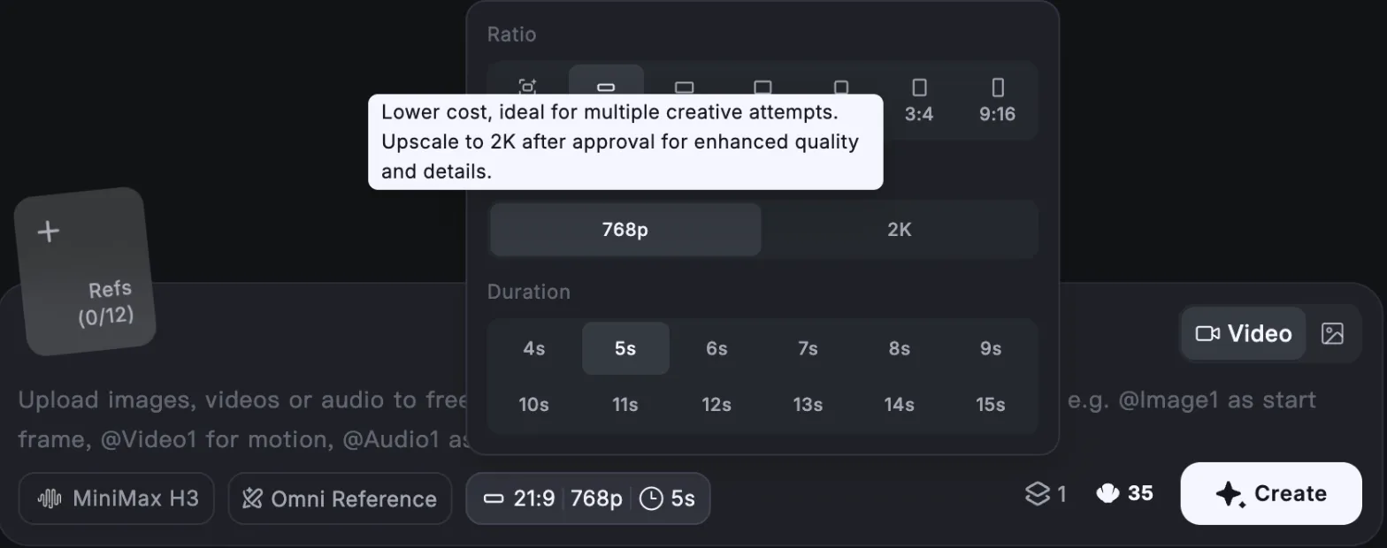 MiniMax H3 settings in Hailuo AI: 21:9 format, 768p resolution selected, 4- to 15-second length, a tooltip reading "Lower cost, ideal for multiple creative attempts. Upscale to 2K after approval," and an estimated cost of 35 credits