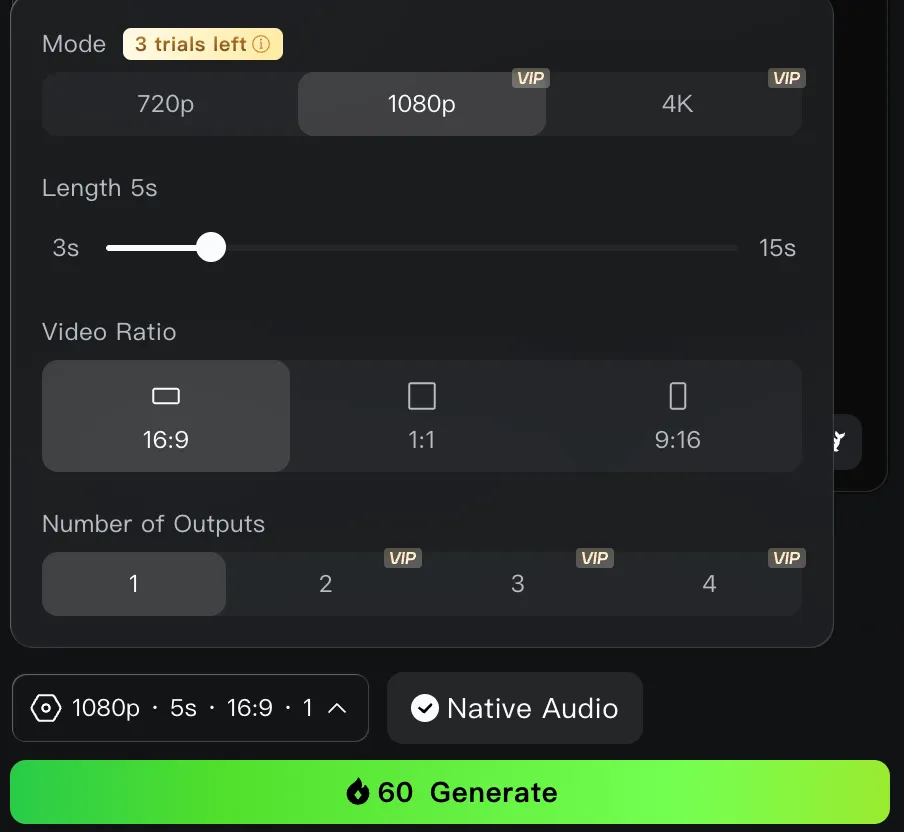 Kling 3.0 video generator settings: 720p, 1080p or 4K resolution (the last two tagged VIP, with a "3 trials left" label), length from 3 to 15 seconds, 16:9, 1:1 or 9:16 aspect ratio, one to four outputs, native audio on, and a Generate button showing 60 credits