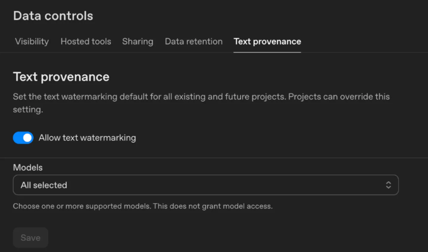 Réglage « Text provenance » de la plateforme API d’OpenAI : interrupteur « Allow text watermarking » activé et liste « Models » réglée sur « All selected », dans l’onglet Data controls de l’organisation