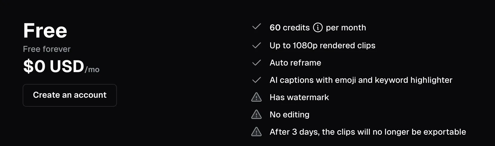 OpusClip's free plan on its pricing page: $0 a month, 60 credits a month, clips up to 1080p, auto reframe and AI captions, with three warnings: watermark, no editing, and clips no longer exportable after 3 days