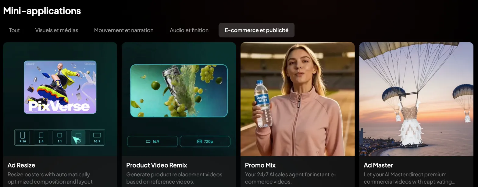 E-commerce and advertising tab of PixVerse mini-apps: four cards, Ad Resize, Product Video Remix, Promo Mix and Ad Master, with the company's own illustrations