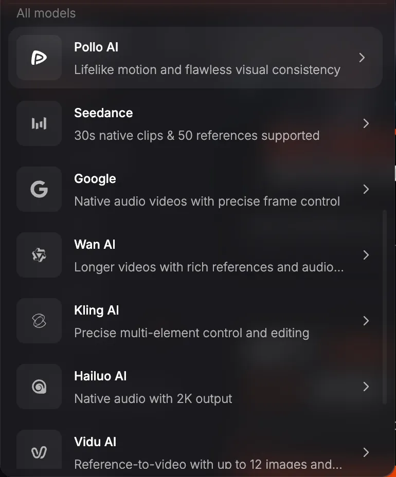 Pollo AI video model picker, "All models" section: Pollo AI, Seedance, Google, Wan AI, Kling AI, Hailuo AI and Vidu AI