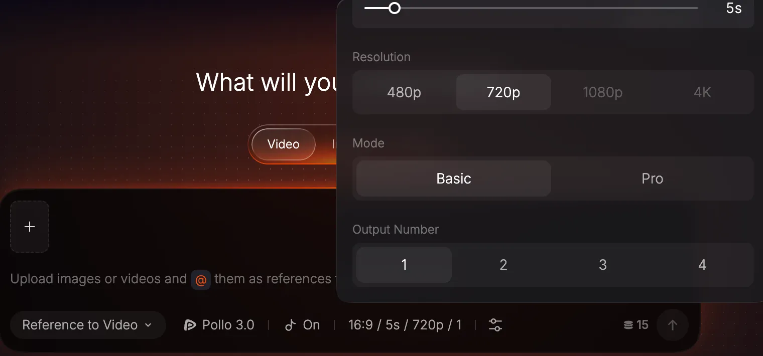Pollo AI generation bar with the settings panel: 5-second length, 720p selected, 1080p and 4K grayed out, Basic or Pro mode, one to four outputs, and an estimate of 15 credits