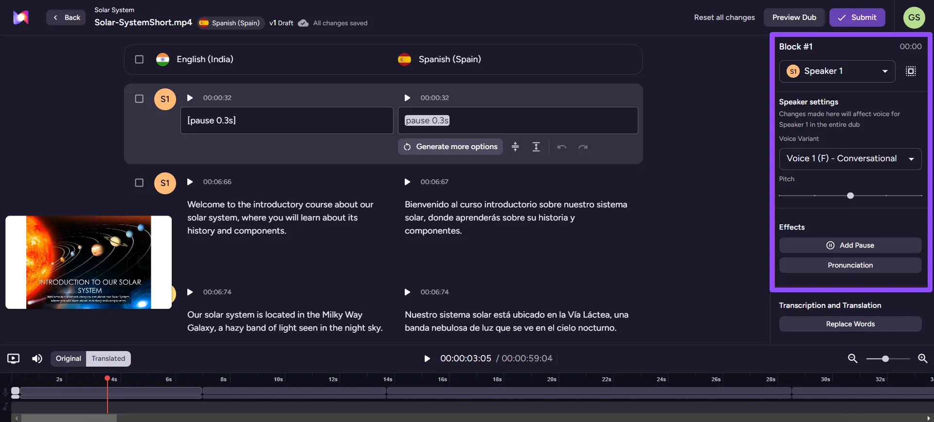 Murf Dub editor with English transcript, Spanish translation and controls for speaker, pitch, pauses and pronunciation
