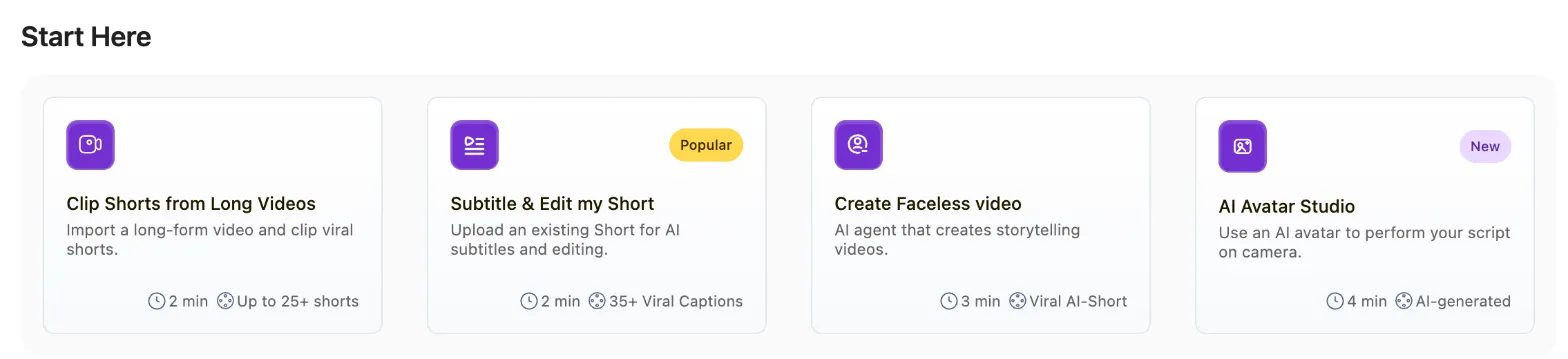 SendShort's home screen, "Start Here" section: clip shorts from long videos, subtitle and edit a short, create a faceless video, AI avatar studio