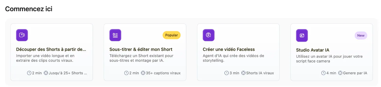 Écran d’accueil de SendShort, rubrique « Commencez ici » : découper des shorts à partir d’une vidéo longue, sous-titrer et éditer un short, créer une vidéo sans visage, studio d’avatar IA