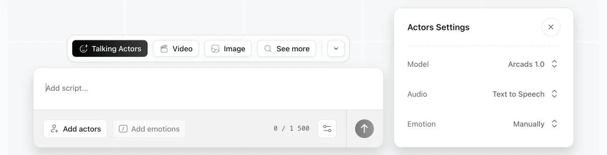 Arcads Studio in talking actor mode: script field limited to 1,500 characters, Add actors button, and settings for the Arcads 1.0 model, audio and emotions
