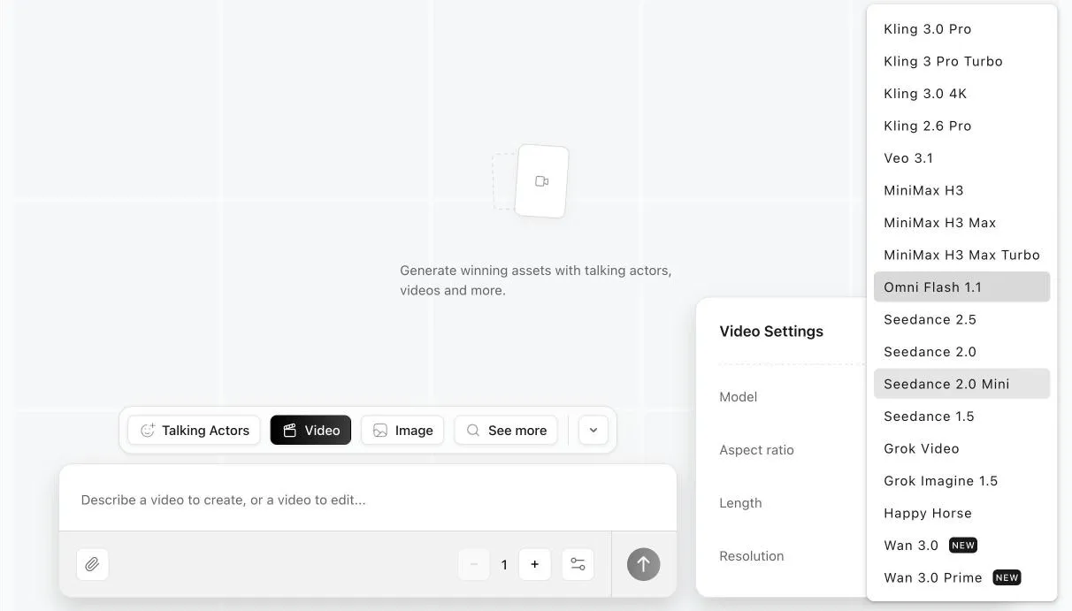 Arcads Studio video model menu: Kling 3.0 Pro, Kling 3 Pro Turbo, Kling 3.0 4K, Kling 2.6 Pro, Veo 3.1, MiniMax H3, Omni Flash 1.1, Seedance 2.5, Seedance 2.0, Grok Video, Happy Horse, Wan 3.0 and more