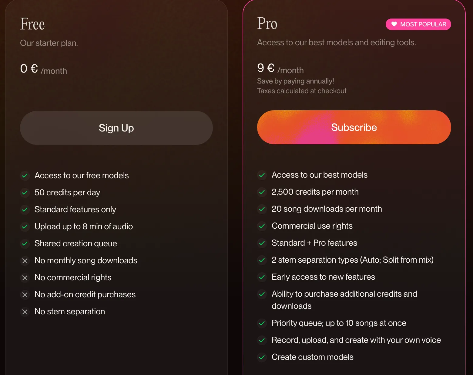 Suno's Free and Pro plans seen from France on monthly billing: free at €0 with 50 credits a day, no monthly song downloads and no commercial rights; Pro at €9 a month with 2,500 credits, 20 downloads a month and commercial use rights