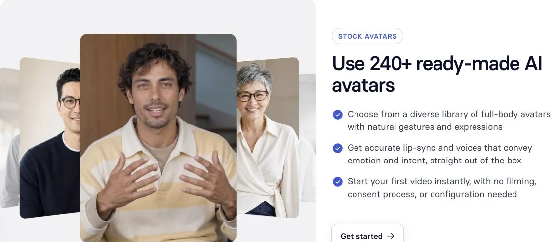 Page officielle Synthesia présentant trois avatars de stock, dont un présentateur avec des gestes des mains