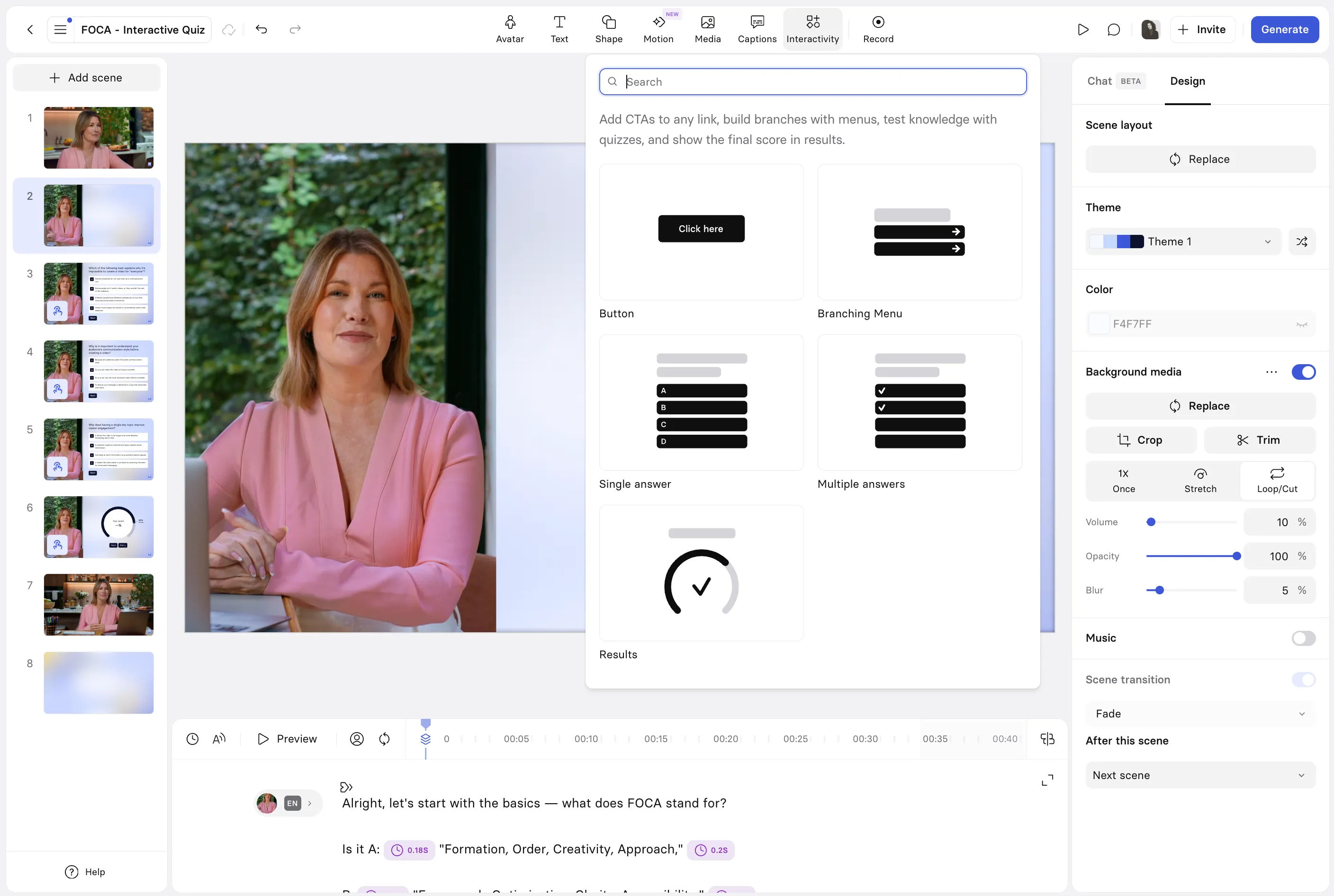 Panneau Interactivity de Synthesia avec Button, Branching Menu, Single answer, Multiple answers et Results
