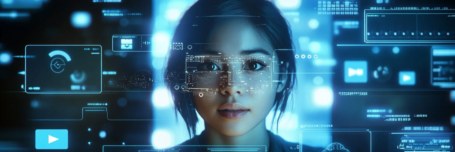 bannière Synthesia - Avatar futuriste s'exprimant avec des hologrammes autour
