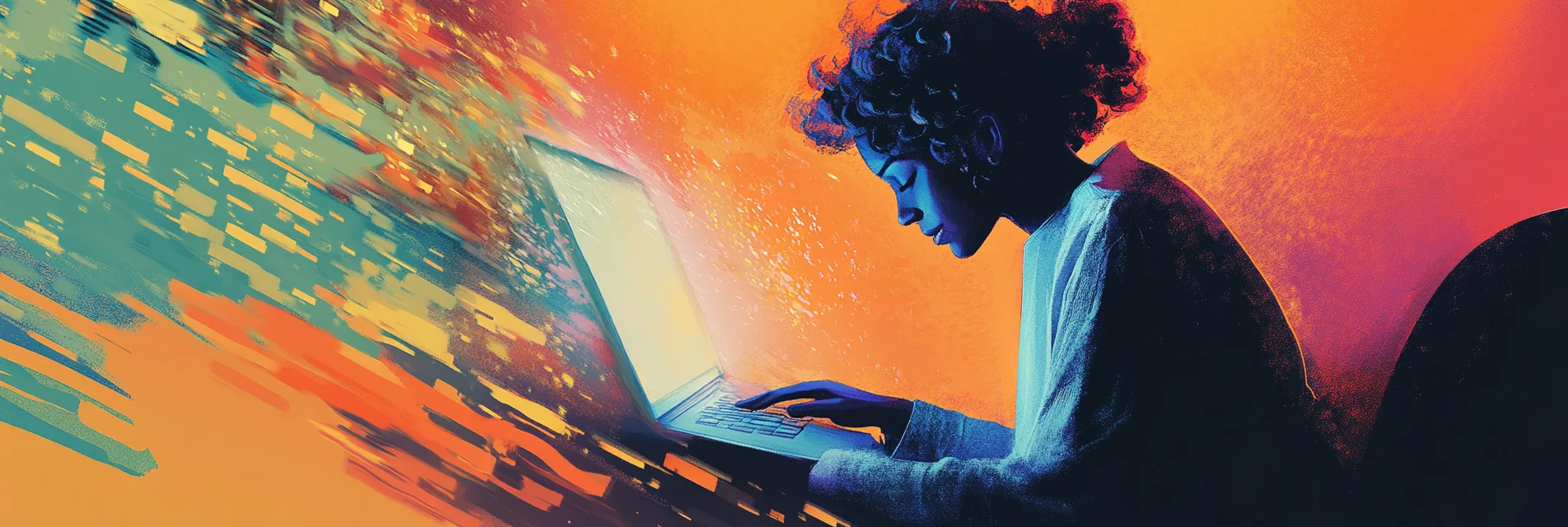 An illustration of a person typing a text prompt into a computer, with a stunning image emerging from the screen, symbolizing AI image generation
