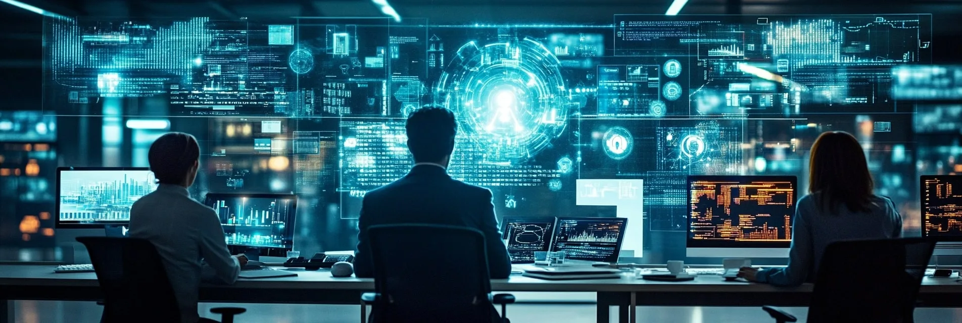 bannière bureau futuriste et employés illustrant les métiers ia